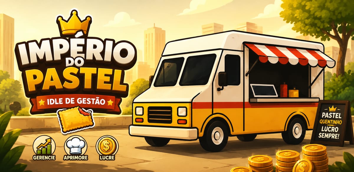 Arte do Império do Pastel — o food truck amarelo com o toldo listrado e um pastel mordido